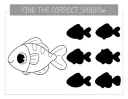 Find the correct shadow coloring book with fish. Coloring page educational game for kids. Cute cartoon fish. Shadow matching game vector