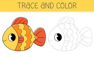 Trace and color coloring book with goldfish for kids. Coloring page with cartoon fish vector