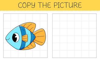 Copy the picture is an educational game for kids with blue fish. Cute cartoon fish. vector