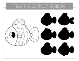 Find the correct shadow coloring book with goldfish. Coloring page educational game for kids. Cute cartoon fish. Shadow matching game vector