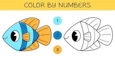 Color by numbers coloring book for kids with cute fish. Coloring page with cartoon fish with an example for coloring. Monochrome and color versions. vector