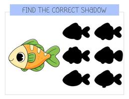 Find the correct shadow game with fish. Educational game for children. Cute cartoon fish. Shadow matching game. vector