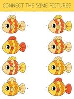 Connect the same pictures game with cartoon goldfish. Children's game with cute fish vector