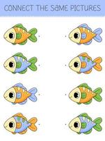 Connect the same pictures game with cute cartoon fish. Children's game with fish vector