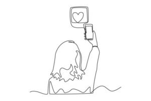 Single one line drawing back view of woman taking selfie for social media post. Social media concept. Continuous line draw design graphic vector illustration.