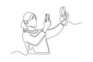 Single one line drawing happy girl share photo of her favorite item with smartphone. Social media concept. Continuous line draw design graphic vector illustration.