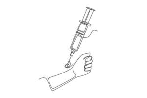 Continuous one line drawing syringe above the arm donor. World blood day concept. Single line draw design vector graphic illustration.