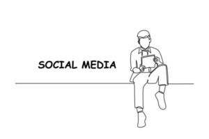 Single one line drawing man sitting and playing tablet. Social media concept. Continuous line draw design graphic vector illustration.