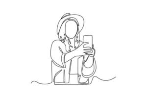 Single one line drawing happy woman make a vlog content with smartphone. Social media concept. Continuous line draw design graphic vector illustration.