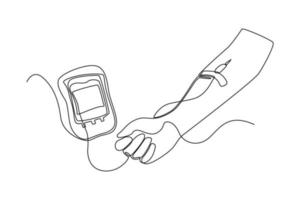 Continuous one line drawing blood bag is injected into the hand. World blood day concept. Single line draw design vector graphic illustration.