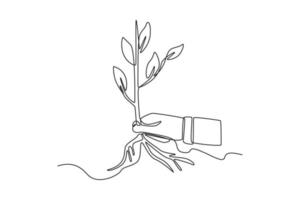 Continuous one line drawing hand holding a plant with many roots. World environment day concept. Single line draw design vector graphic illustration.