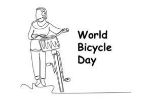 Single one line drawing happy people ride bicycle. World bicycle day concept. Continuous line draw design graphic vector illustration.