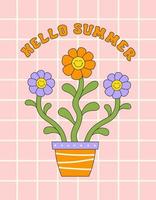 Hello Summer retro hippie design illustration, positive message phrase isolated on a checkered background. Trendy floral vector print in style 70s, 80s