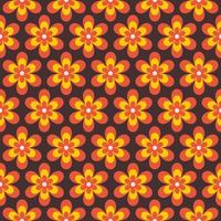 Abstract retro seamless pattern with geometric daisy flowers on a brown background. Colorful groovy vector illustration in style 60s, 70s