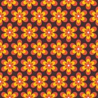 Abstract retro seamless pattern with geometric daisy flowers on a brown background. Colorful groovy vector illustration in style 60s, 70s