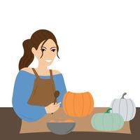A young woman removes the pulp from a pumpkin. Smiling girl in apron getting ready for Halloween celebration vector