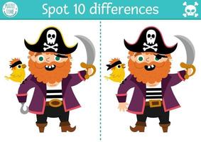 Find differences game for children. Sea adventures educational activity with cute pirate with parrot and sable. Puzzle for kids with funny character. Marine printable worksheet or page vector