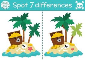 Find differences game for children. Sea adventures educational activity with cute treasure island and chest. Tropical puzzle for kids with funny scene. Marine printable worksheet or page vector