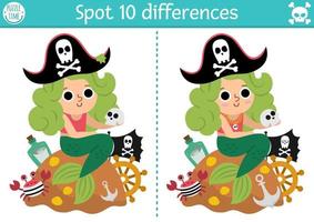 Find differences game for children. Sea adventures educational activity with cute pirate mermaid. Treasure island or Halloween puzzle for kids with funny character. Printable worksheet vector