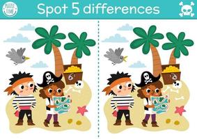 Find differences game for children. Sea adventures educational activity with cute pirates and treasure island. Puzzle for kids with funny characters. Marine printable worksheet or page vector