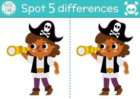 Find differences game for children. Sea adventures educational activity with cute pirate girl with telescope. Puzzle for kids with funny character. Marine printable worksheet or page vector