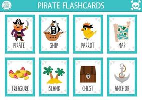 Vector pirate flash cards set. English language game with cute ship, treasure island, chest for kids. Sea adventures flashcards with map, parrot. Simple educational printable worksheet.
