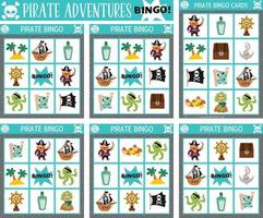 Vector pirate bingo cards set. Fun treasure island lotto board game with cute pirate, ship, mermaid, animals for kids. Sea adventures lottery activity. Simple educational printable worksheet.