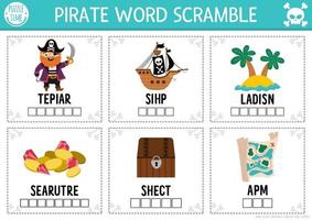 Vector pirate word scramble activity page. English language game with ship, treasure island, chest for kids. Sea adventures family quiz with map, parrot. Educational printable worksheet.