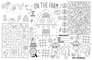 Vector on the farm placemat for kids. Country farm printable activity mat with maze, tic tac toe charts, connect the dots, find difference. Farmhouse black and white play mat or coloring page