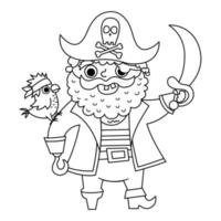 Vector black and white pirate icon. Cute line sea captain illustration. Treasure island hunter with beard, parrot, sward, cocked hat. Funny outline pirate party element or coloring page for kids