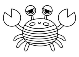 Vector black and white pirate crab icon. Cute outline sea animal illustration. Line treasure island hunter in stripy shirt. Funny pirate party element or coloring page for kids. Crayfish picture