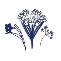 un conjunto de flores dibujado en vector en azul en un blanco antecedentes. Tres azul campo flores para impresión, creatividad, álbum de recortes, tela.