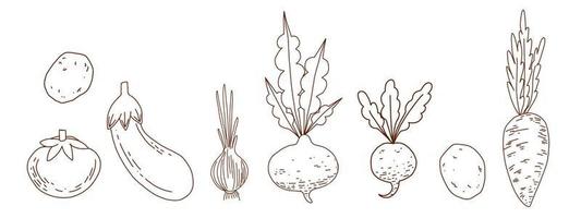 A set of vector seasonal vegetables drawn with a single outline on a white background. Radishes, beets, eggplant, carrots, onions, potatoes. Suitable for menu design, cuisine, invitations, textiles.