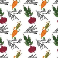 A seamless pattern drawn in a vector. Orange carrots, beets, olive branches, colored spots on a white background. Suitable for kitchen design, textiles, scrapbooking, postcard creation. vector