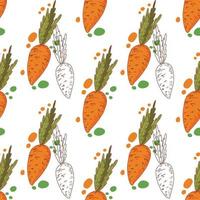Seamless pattern of bright orange carrots and carrots drawn with a single outline of dark brown color on a white background. Suitable for kitchen decoration, menus, textiles and scrapbooking. vector