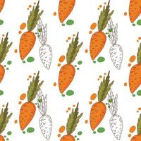 Seamless pattern of bright orange carrots and carrots drawn with a single outline of dark brown color on a white background. Suitable for kitchen decoration, menus, textiles and scrapbooking. vector