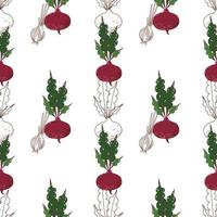 Seamless pattern drawn in vector, red beetroot, beetroot in the form of a contour on a white background. Suitable for fabric design, wallpaper, scrapbooking, kitchen decoration, printing on dishes. vector