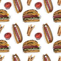 Seamless vector pattern. Street food, fast food meat burgers, french fries, drinks drawn with pencil on a white background. Suitable for printing on fabric, paper, scrapbooking.