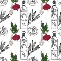 A seamless pattern drawn in a vector. Red beetroot, a bottle of olive oil, olives on a plate drawn only with an outline on a white background. Suitable for kitchen decoration, menu, scrapbooking. vector