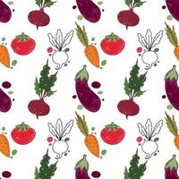 Vector pattern of seasonal bright vegetables on a white background. A pattern of radishes, beets, carrots on a white background. Suitable for kitchen decoration, menus, textiles and scrapbooking.