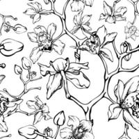 Hand drawn vector ink orchid flowers and branches, monochrome, detailed outline. Seamless pattern with crystal forms. Isolated on white background. For wall art, wedding, print, tattoo, cover, card.