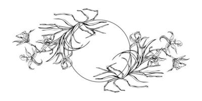 Hand drawn vector ink orchid flowers and branches, monochrome, detailed outline. Circle wreath composition. Isolated on white background. Design for wall art, wedding, print, tattoo, cover, card.