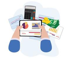 businessman doing data analysis using notebook. business analyst. investment concept. business document graphics vector