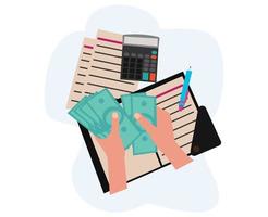 investment calculate. hand holding dollar bill and business document graphics. investment concept vector