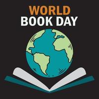 world book day text with globe and open book vector