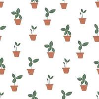 Seamless pattern with sprouts in pots. Home gardening and plant care concept. Hand drawn minimalistic vector background.