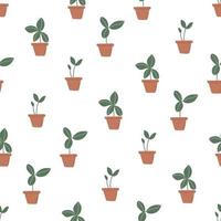 Seamless pattern with sprouts in pots. Home gardening and plant care concept. Hand drawn minimalistic vector background.