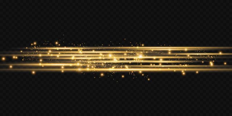 Golden horizontal lens flares. Horizontal light rays. Beautiful light flares. Glowing streaks. Luminous abstract sparkling.