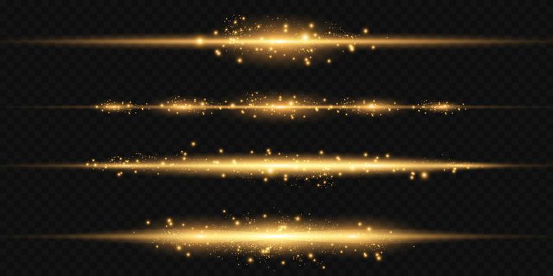 Golden horizontal lens flares. Laser beams, horizontal light rays. Beautiful light flares. Glowing streaks. Luminous abstract sparkling.