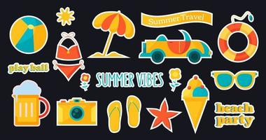 Summer vector sticker set, collection of labels with summertime leisure items and objects, decorative design elements.